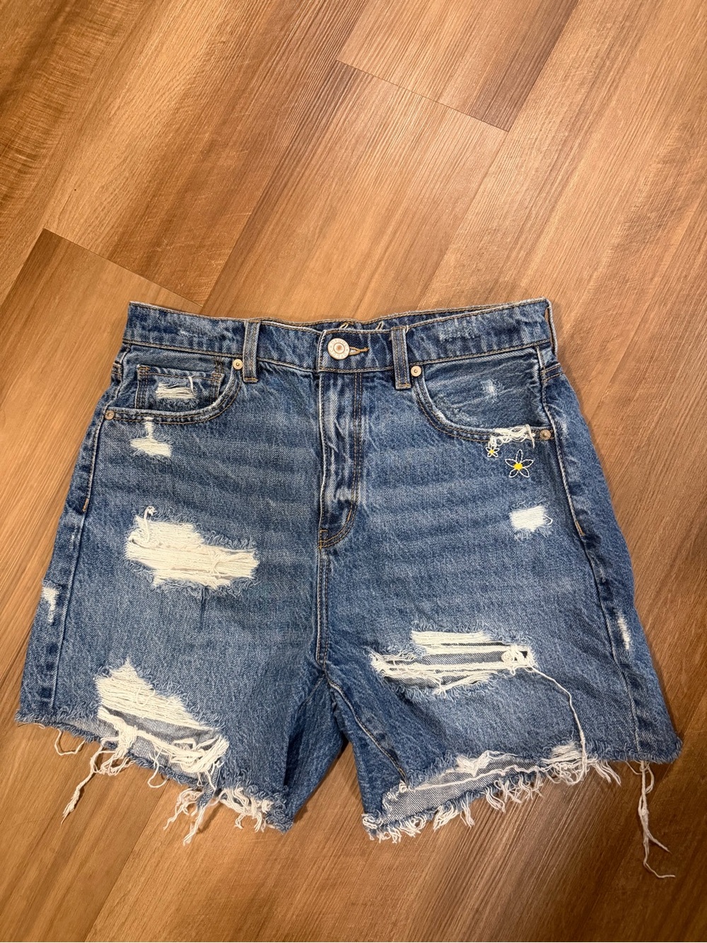 Distressed High-Rise Denim Shorts - Blue